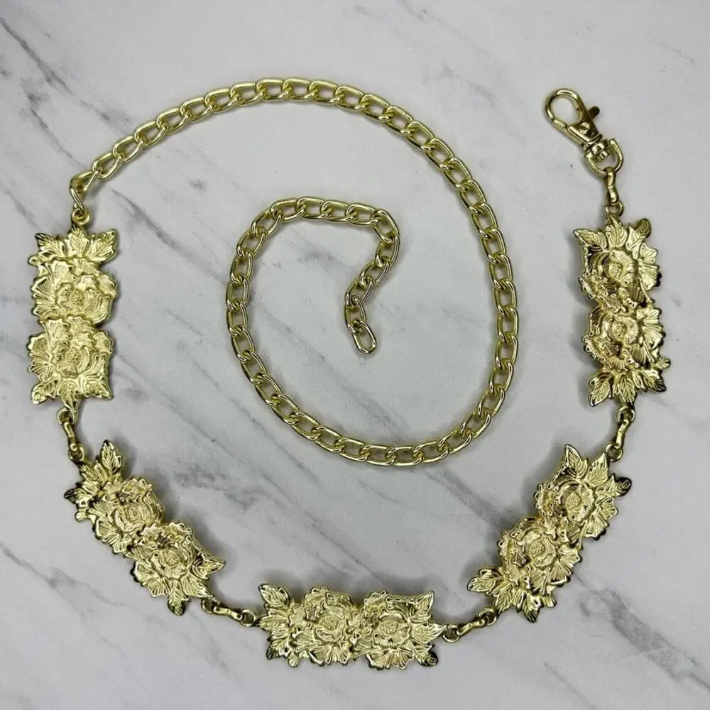 Floral Gold Tone Rose Chain Link Belt One Size (OS) ✨